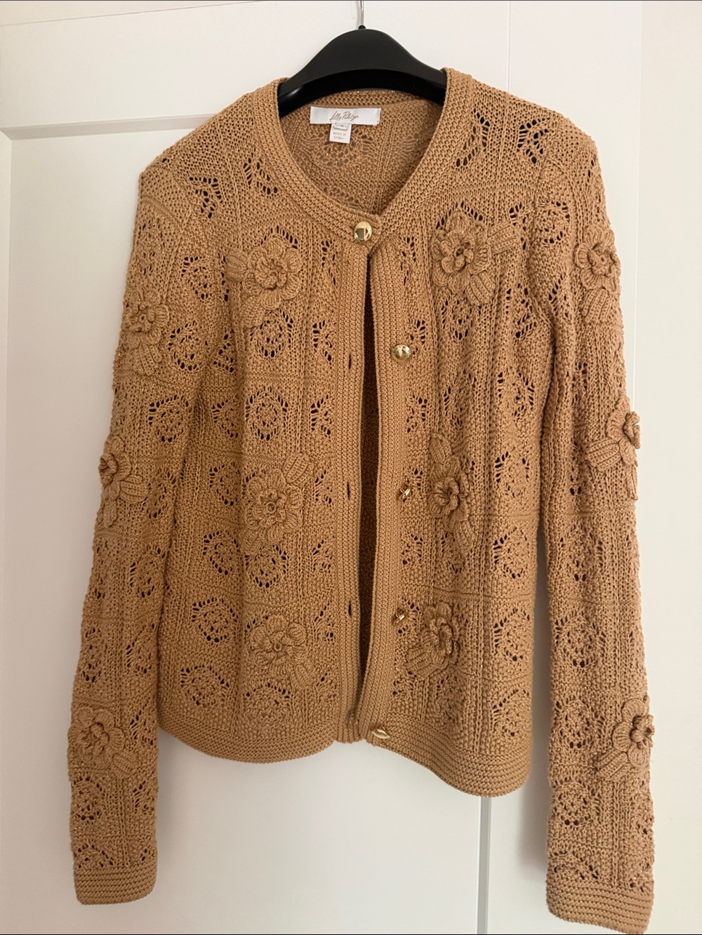 Lilly Pulitzer Tan Crochet Floral Button-Front Cardigan